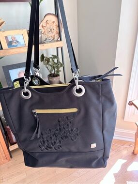 Sherpani Black Floral-Accent Tote Bag with Yellow Trim